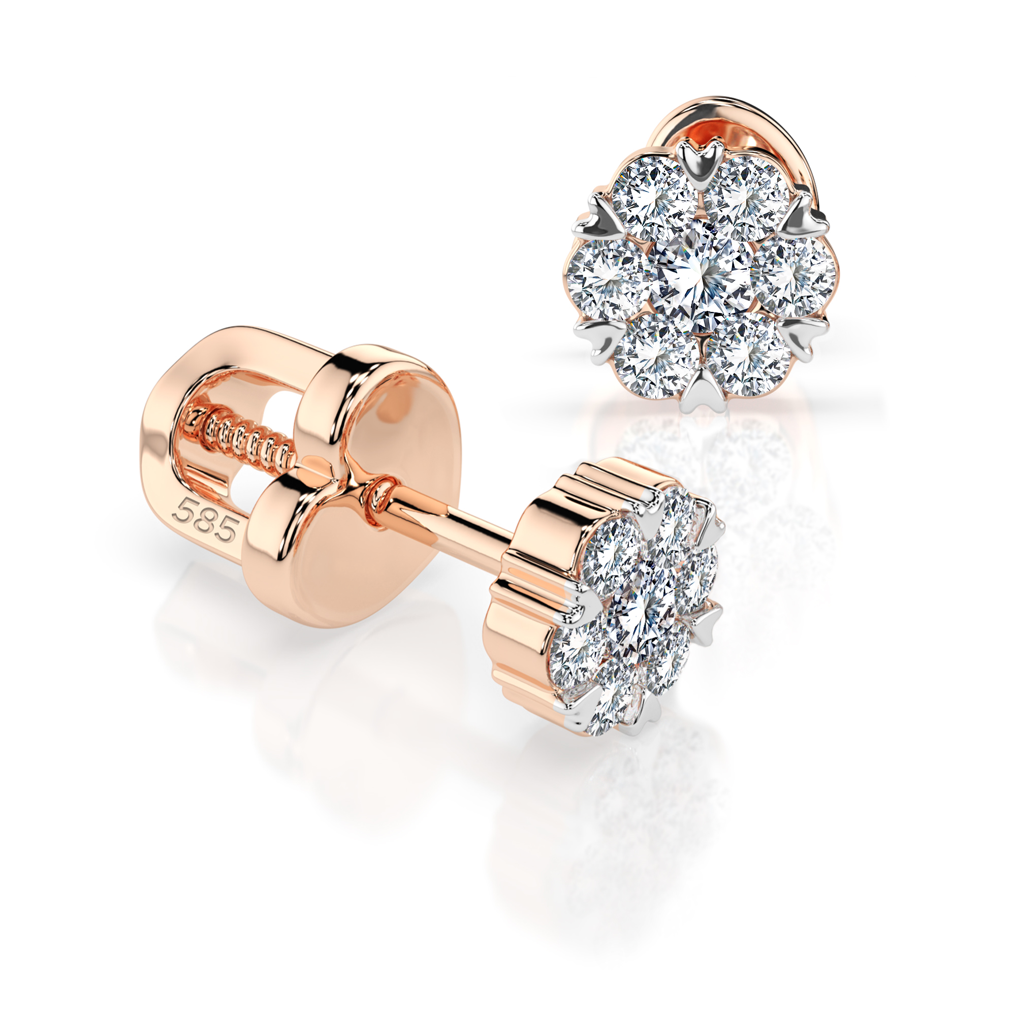 0,18 Karat Diamant Ohrstecker mit 14 echten Diamanten, Rotgold 585 / 14K, Gewicht ca. 0.8 g