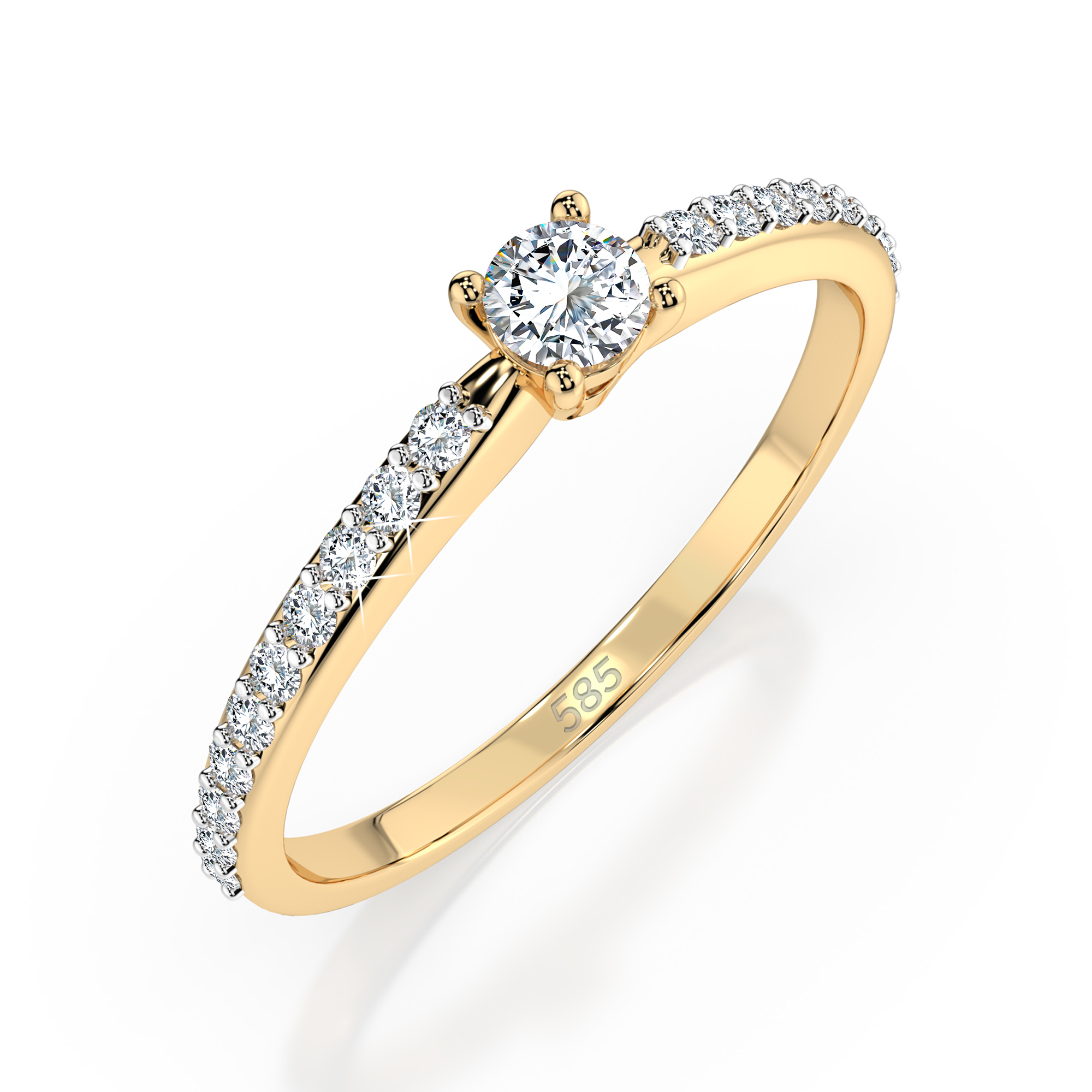 0,1+0,16 Karat Diamant Verlobungsring mit 21 Diamanten, Gelbgold 585 / 14K, Weite 49 mm, Gewicht ca. 1.2 g.