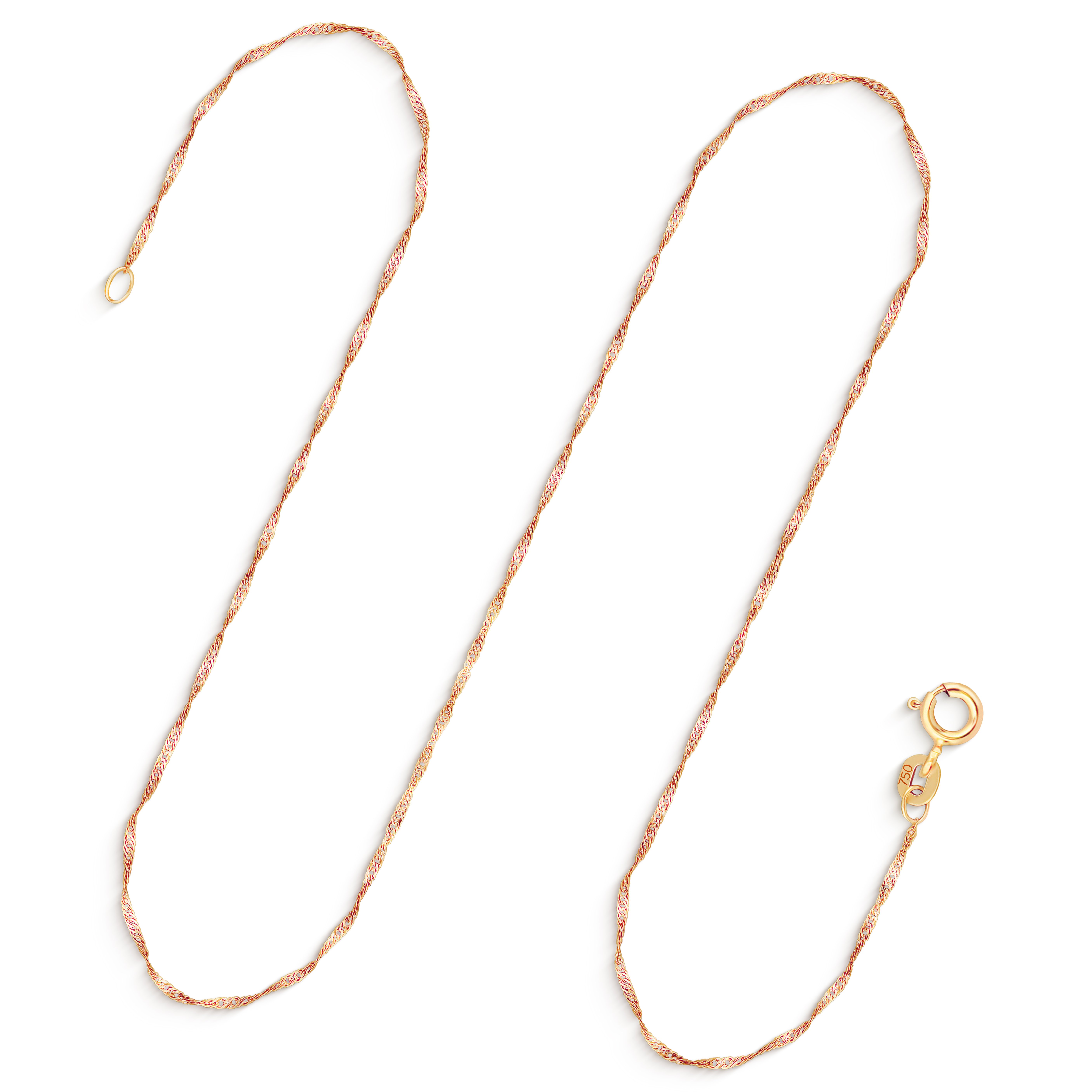 Goldkette als Singapurkette in Gelbgold 750 / 18 Karat, 70 cm lang, 1 mm breit, Gewicht ca. 1,9 g.