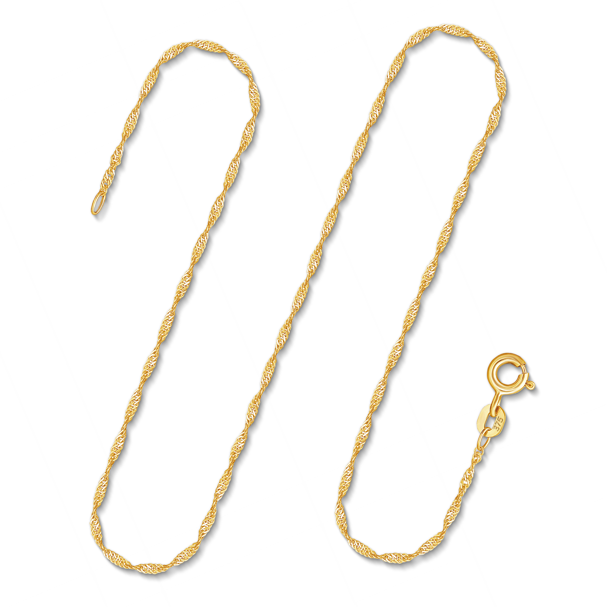 Goldkette als Singapurkette in Gelbgold 375 / 9 Karat, 40 cm lang, 1.2 mm breit, Gewicht ca. 1.1 g.