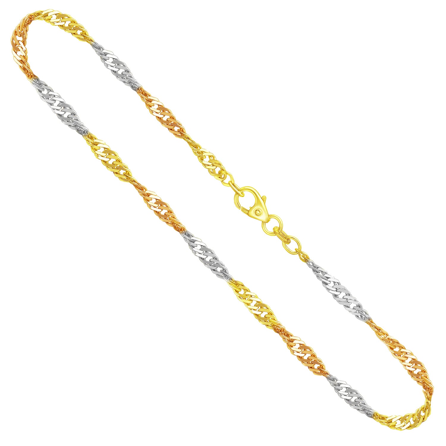 Goldkette als Singapurkette Tricolor in Gelbgold / Weißgold / Rotgold 333 / 8K, 42 cm lang, 2,9 mm breit, Gewicht ca. 5 g.