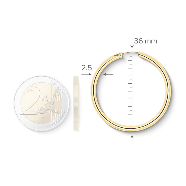 Ohrringe, Creolen, Gelbgold 750 / 18K, Außendurchmesser 40 mm, Breite 2.5 mm, Gewicht ca. 2.9 g