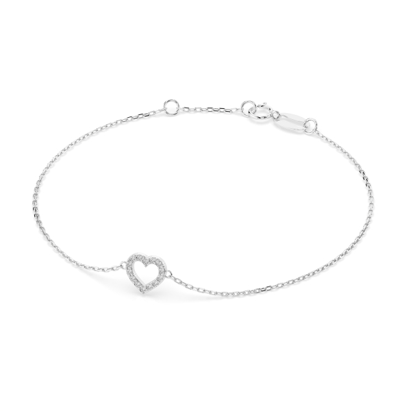 Herz Goldarmband als Ankerkette mit 0,07 Karat Diamanten, Weißgold 585 / 14 Karat, 17 cm lang, Gewicht ca. 0,8 g.