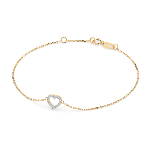 Herz Goldarmband als Ankerkette mit 0,07 Karat Diamanten, Gelbgold 585 / 14 Karat, 21 cm lang, Gewicht ca. 0,8 g.
