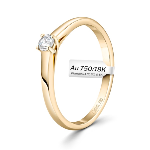 0,10 Karat Diamant Verlobungsring, Gelbgold 750 / 18K, Breite 2 mm, Weite 53 mm, Gewicht ca. 2.03 g.