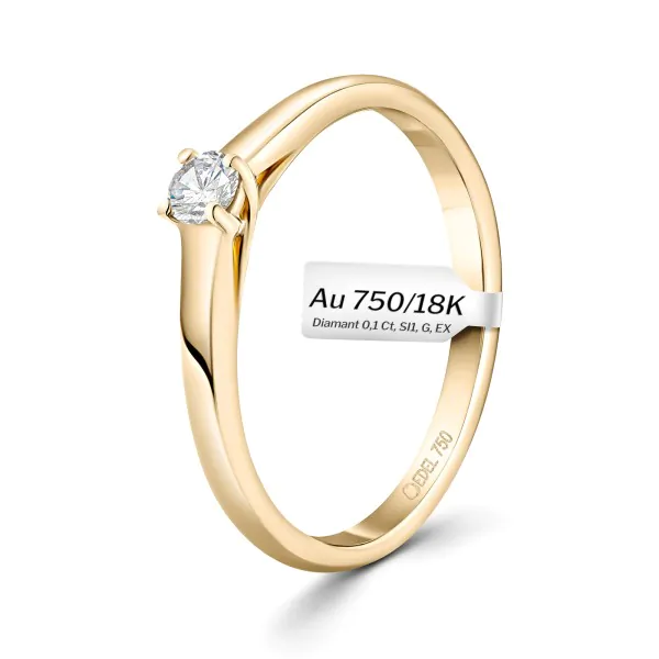 0,10 Karat Diamant Verlobungsring, Gelbgold 750 / 18K, Breite 2 mm, Weite 58 mm, Gewicht ca. 2.03 g.