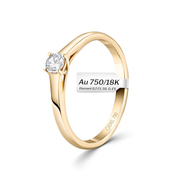 0,20 Karat Diamant Verlobungsring, Gelbgold 750 / 18K, Breite 2,3 mm, Weite 58 mm, Gewicht ca. 2.46 g.