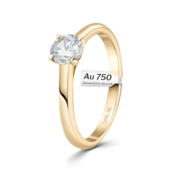 0,50 Karat Diamant Ring mit GIA Zertifikat, Gelbgold 750 / 18K, Breite 1,7 mm,Weite 58 mm, Gewicht ca. 3.41 g.