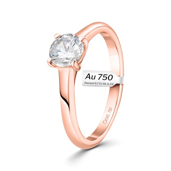 0,70 Karat Diamant Ring mit GIA Zertifikat, Rotgold 750 / 18K, Breite 1,7 mm,Weite 50 mm, Gewicht ca. 3.41 g.