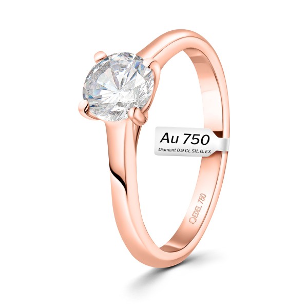 0,90 Karat Diamant Ring mit GIA Zertifikat, Rotgold 750 / 18K, Breite 1,7 mm,Weite 49 mm, Gewicht ca. 3.41 g.