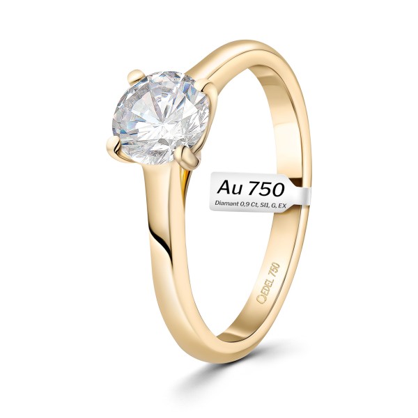 0,90 Karat Diamant Ring mit GIA Zertifikat, Gelbgold 750 / 18K, Breite 1,7 mm,Weite 50 mm, Gewicht ca. 3.41 g.