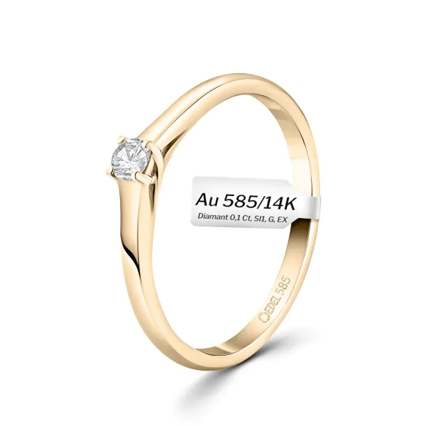 0,10 Karat Diamant Verlobungsring, Gelbgold 585 / 14K, Breite 2 mm, Weite 51 mm, Gewicht ca. 2.2 g.