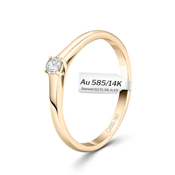 0,10 Karat Diamant Verlobungsring, Gelbgold 585 / 14K, Breite 2 mm, Weite 52 mm, Gewicht ca. 2.2 g.