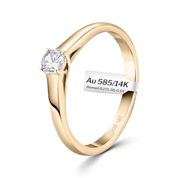 0,20 Karat Diamant Verlobungsring, Gelbgold 585 / 14K, Breite 2,3 mm, Weite 58 mm, Gewicht ca. 2.5 g.