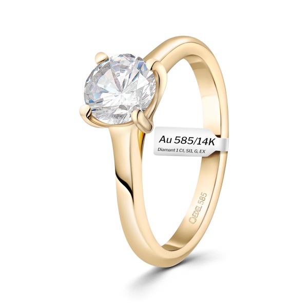 1 Karat Diamant Ring mit GIA Zertifikat, Gelbgold 585 / 14K, Breite 1,7 mm,Weite 58 mm, Gewicht ca. 3.5 g.
