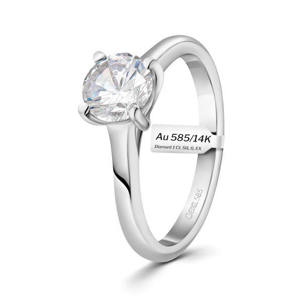 1 Karat Diamant Ring mit GIA Zertifikat, Weißgold 585 / 14K, Breite 1,7 mm,Weite 51 mm, Gewicht ca. 3.5 g.