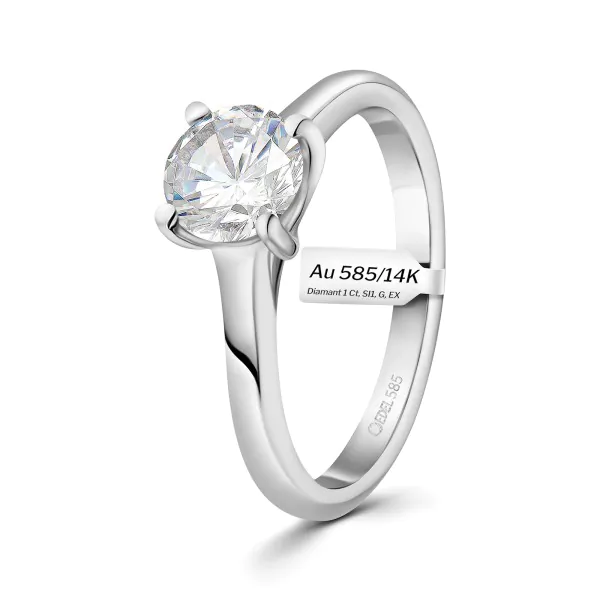 1 Karat Diamant Ring mit GIA Zertifikat, Weißgold 585 / 14K, Breite 1,7 mm,Weite 56 mm, Gewicht ca. 3.5 g.