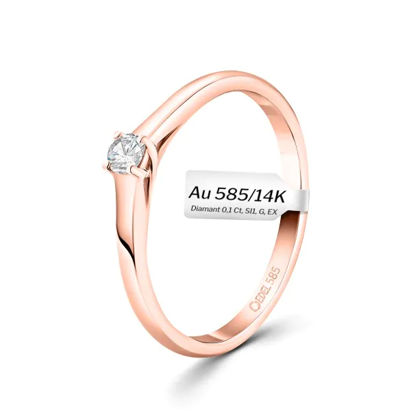 0,10 Karat Diamant Verlobungsring, Rotgold 585 / 14K, Breite 2 mm, Weite 49 mm, Gewicht ca. 2.2 g.