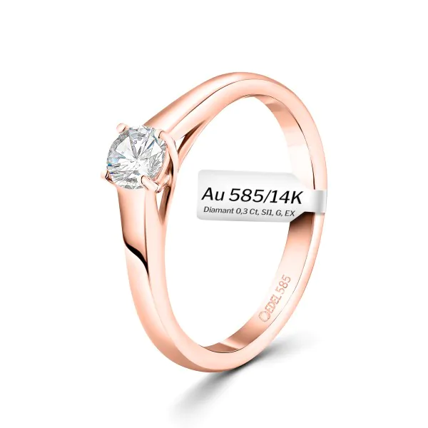 0,30 Karat Diamant Verlobungsring mit GIA Zertifikat, Rotgold 585 / 14K, Breite 1,7 mm,Weite 52 mm, Gewicht ca. 2.6 g.