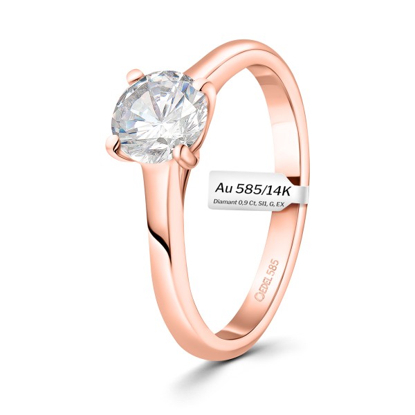 0,90 Karat Diamant Ring mit GIA Zertifikat, Rotgold 585 / 14K, Breite 1,7 mm,Weite 49 mm, Gewicht ca. 3 g.