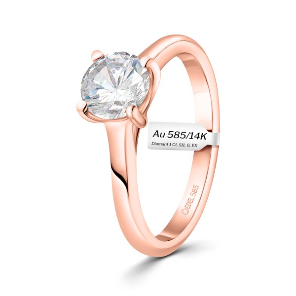 1 Karat Diamant Ring mit GIA Zertifikat, Rotgold 585 / 14K, Breite 1,7 mm,Weite 55 mm, Gewicht ca. 3.5 g.