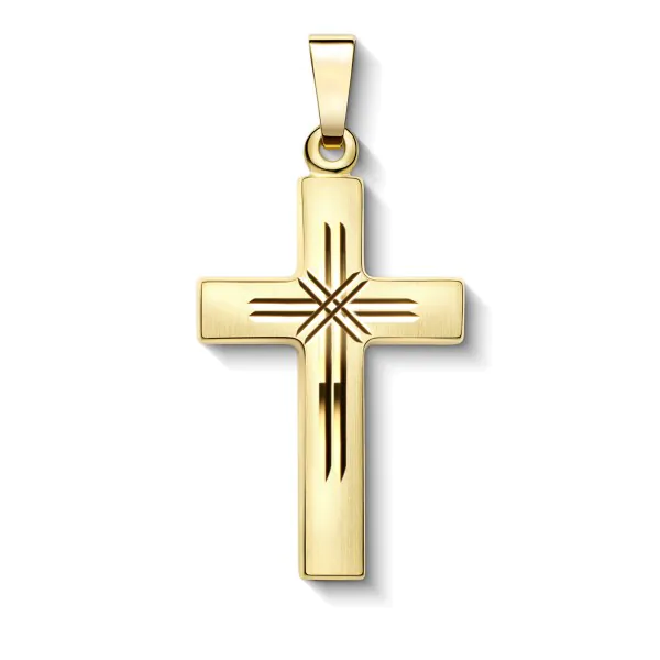 Anhänger Kreuz seidenmatt/diamantiert , Gelbgold 585 / 14K, Höhe 21 mm, Gewicht ca. 0,85 g