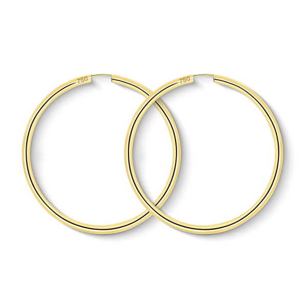 Ohrringe, Creolen, Gelbgold 750 / 18K, Außendurchmesser 50 mm, Breite 2.5 mm, Gewicht ca. 3.4 g