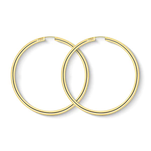 Ohrringe, Creolen, Gelbgold 750 / 18K, Außendurchmesser 50 mm, Breite 2.5 mm, Gewicht ca. 3.4 g