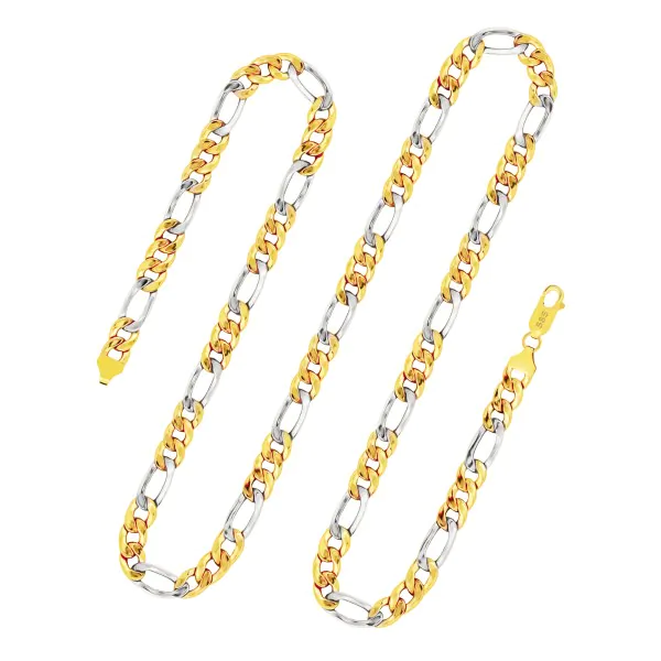 Goldkette als Figarokette hohl in Bicolor Gelbgold / Weißgold 585 / 14K, 55 cm lang, 5,7 mm breit, Gewicht ca. 13.4 g.
