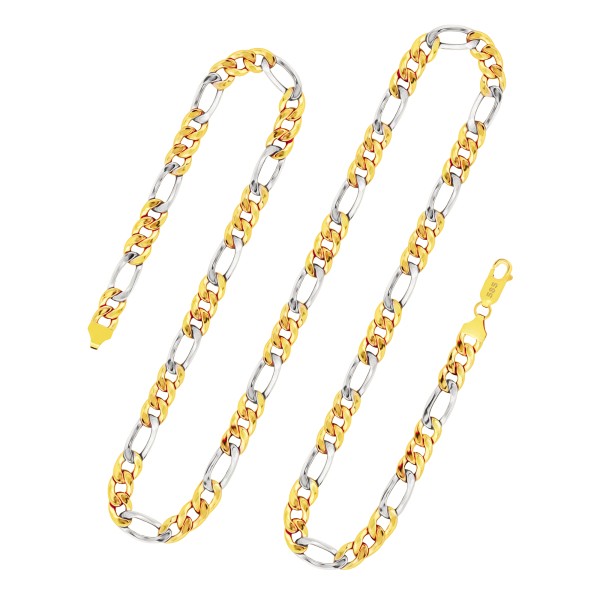 Goldkette als Figarokette hohl in Bicolor Gelbgold / Weißgold 585 / 14K, 60 cm lang, 5,7 mm breit, Gewicht ca. 14.6 g.