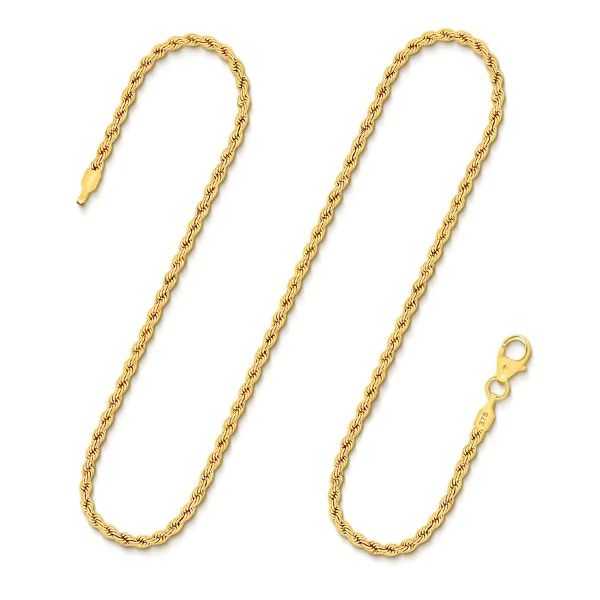 Goldkette als Kordelkette hohl in Gelbgold 375 / 9K, 50 cm lang, 2,1 mm breit, Gewicht ca. 2.6 g.