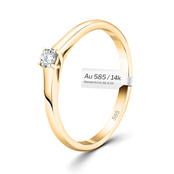 0,10 Karat Diamant Verlobungsring, Gelbgold 585 / 14K, Breite 2 mm, Weite 54 mm, Gewicht ca. 2.2 g.