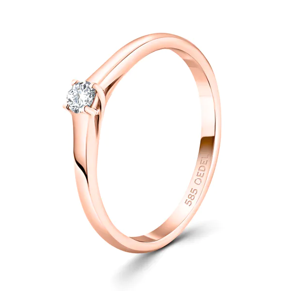 0,10 Karat Diamant Verlobungsring, Rotgold 585 / 14K, Breite 2 mm, Weite 49 mm, Gewicht ca. 2.2 g.