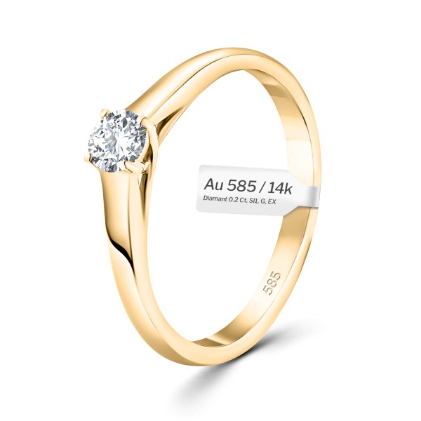 0,20 Karat Diamant Verlobungsring, Gelbgold 585 / 14K, Breite 2,3 mm, Weite 51mm, Gewicht ca. 2.5 g.