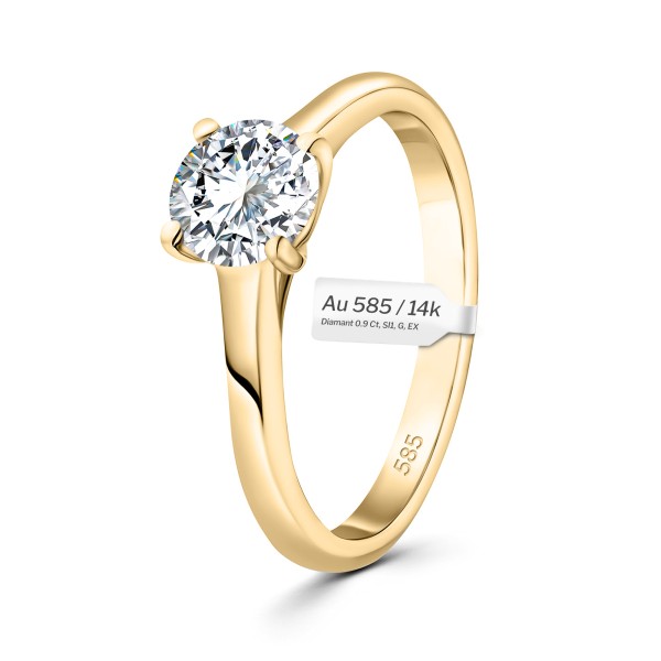 0,90 Karat Diamant Ring mit GIA Zertifikat, Gelbgold 585 / 14K, Breite 1,7 mm,Weite 49 mm, Gewicht ca. 3 g.