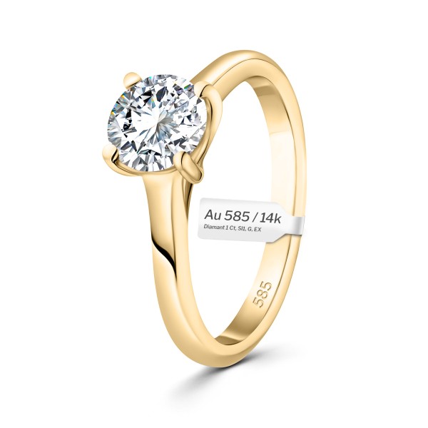 1 Karat Diamant Ring mit GIA Zertifikat, Gelbgold 585 / 14K, Breite 1,7 mm,Weite 49 mm, Gewicht ca. 3.5 g.