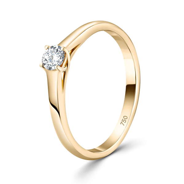 0,20 Karat Diamant Verlobungsring, Gelbgold 750 / 18K, Breite 2,3 mm, Weite 54 mm, Gewicht ca. 2.46 g.