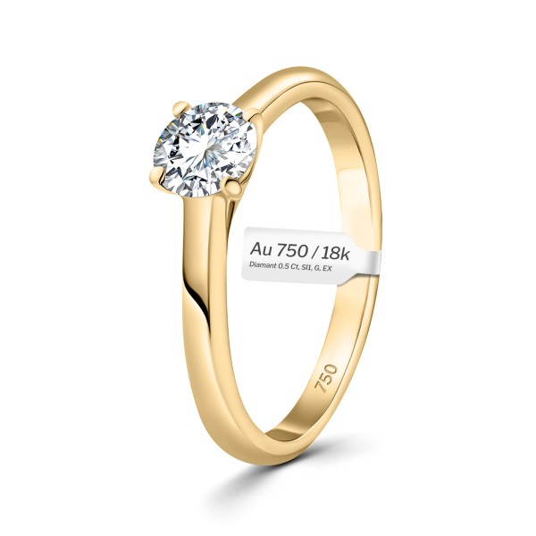 0,50 Karat Diamant Ring mit GIA Zertifikat, Gelbgold 750 / 18K, Breite 1,7 mm,Weite 56 mm, Gewicht ca. 3.41 g.