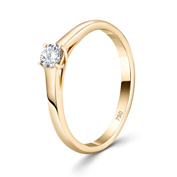 0,20 Karat Diamant Verlobungsring, Gelbgold 750 / 18K, Breite 2,3 mm, Weite 56 mm, Gewicht ca. 2.46 g.