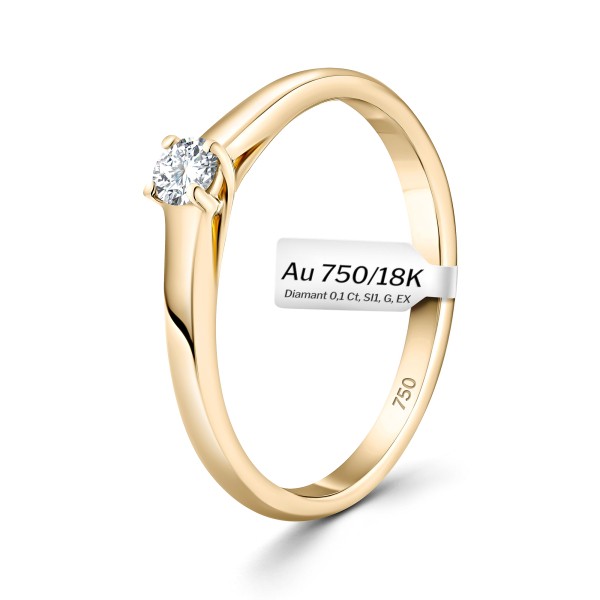 0,10 Karat Diamant Verlobungsring, Gelbgold 750 / 18K, Breite 2 mm, Weite 53 mm, Gewicht ca. 2.03 g.