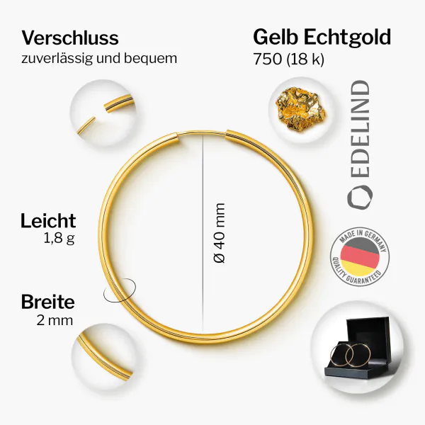 Ohrringe, Creolen, Gelbgold 750 / 18K, Außendurchmesser 40 mm, Breite 2 mm, Gewicht ca. 1.8 g