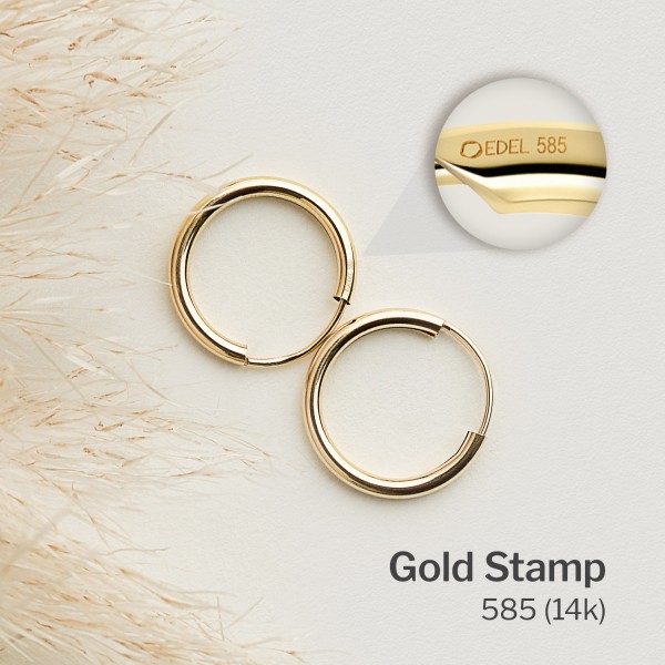 Ohrringe, Creolen, Gelbgold 585 / 14K, Außendurchmesser 15 mm, Breite 1.3 mm, Gewicht ca. 0.4 g