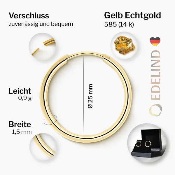 Ohrringe, Creolen, Gelbgold 585 / 14K, Außendurchmesser 25 mm, Breite 1.5 mm, Gewicht ca. 0.9 g