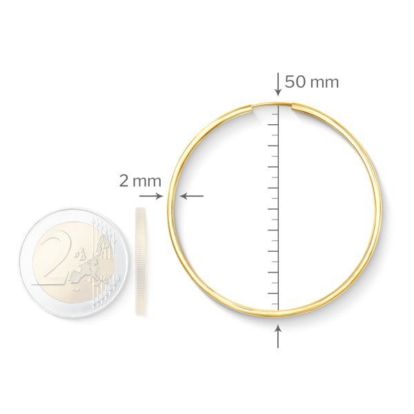 Ohrringe, Creolen, Gelbgold 585 / 14K, Außendurchmesser 50 mm, Breite 2 mm, Gewicht ca. 2.1 g