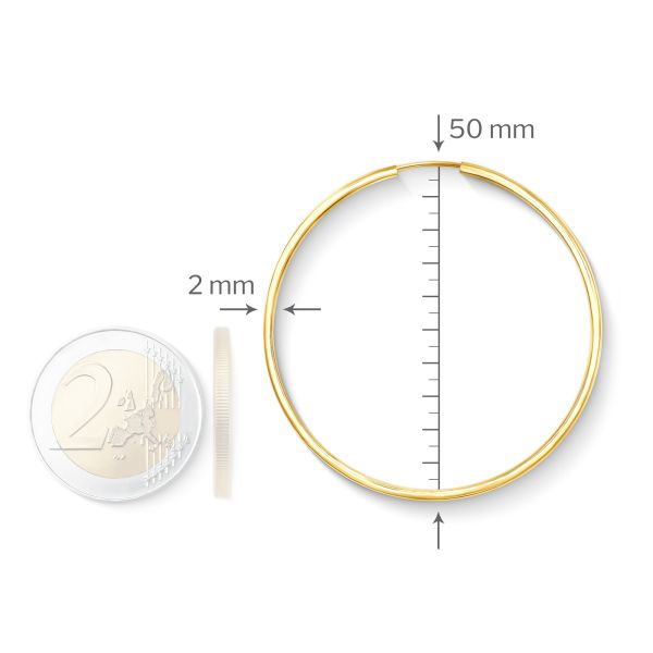 EDELIND Ohrringe, Creolen, Gelbgold 333 / 8K, Außendurchmesser 50 mm, Breite 2 mm, Gewicht ca. 1.7 g