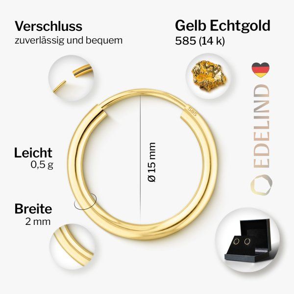 Ohrringe, Creolen, Gelbgold 585 / 14K, Außendurchmesser 15 mm, Breite 2 mm, Gewicht ca. 0.5 g