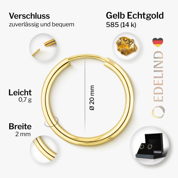 Ohrringe, Creolen, Gelbgold 585 / 14K, Außendurchmesser 20 mm, Breite 2 mm, Gewicht ca. 0.7 g