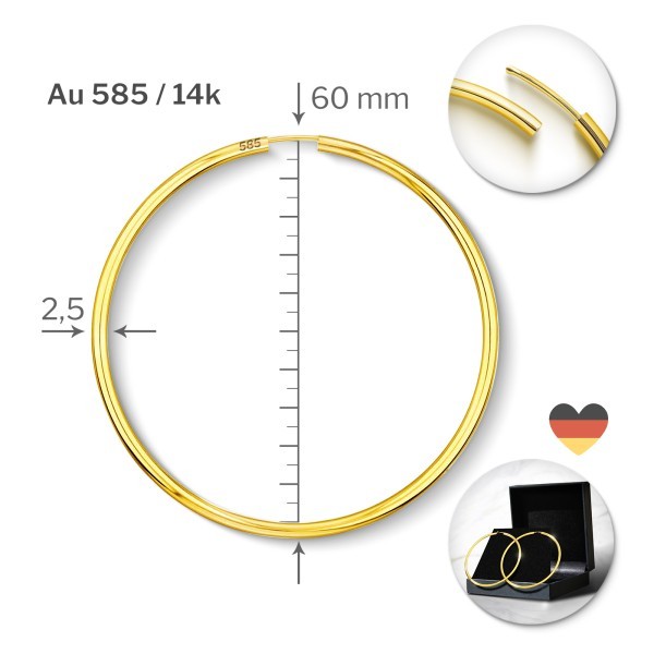 Ohrringe, Creolen, Gelbgold 585 / 14K, Außendurchmesser 60 mm, Breite 2.5 mm, Gewicht ca. 3.8 g