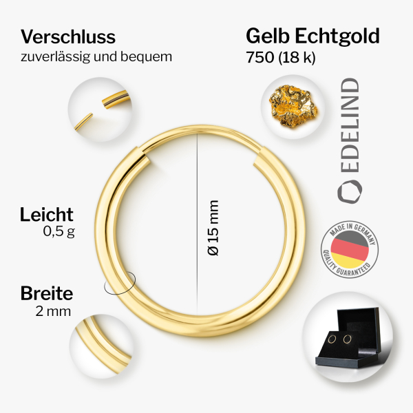 Ohrringe, Creolen, Gelbgold 750 / 18K, Außendurchmesser 15 mm, Breite 2 mm, Gewicht ca. 0.5 g.