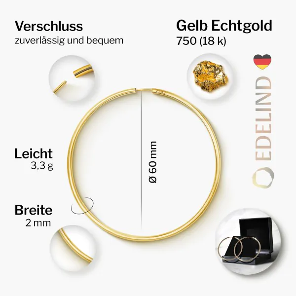 Ohrringe, Creolen, Gelbgold 750 / 18K, Außendurchmesser 60 mm, Breite 2 mm, Gewicht ca. 3.3 g